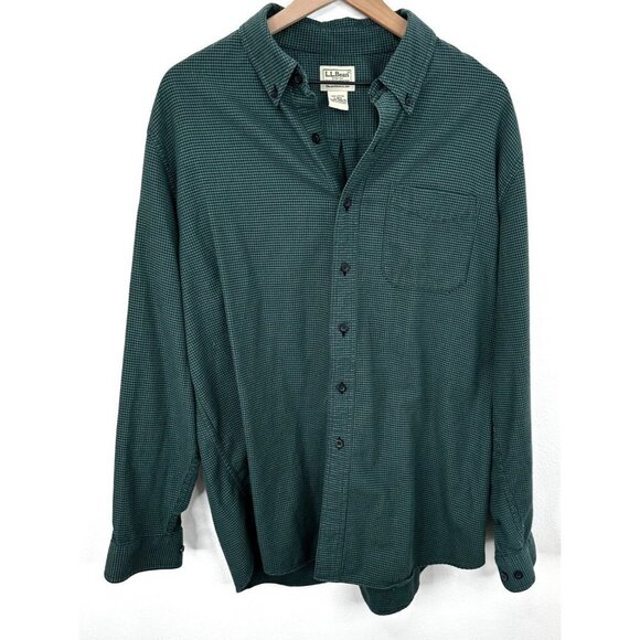 LL Bean Traditional Fit Button Up Shirt Mens Large Reg Green Houndstooth Pocket - Picture 1 of 6